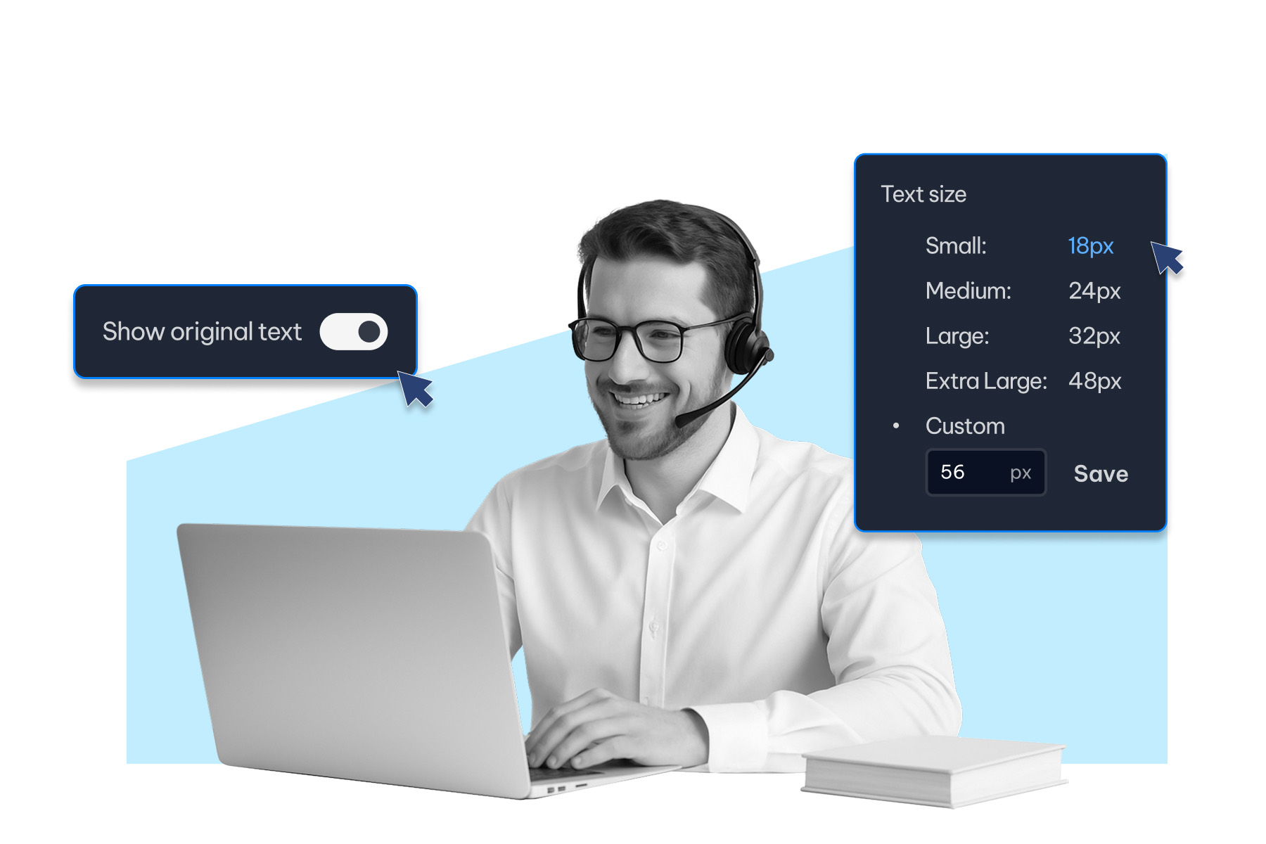 Show original text toggle and text size customization