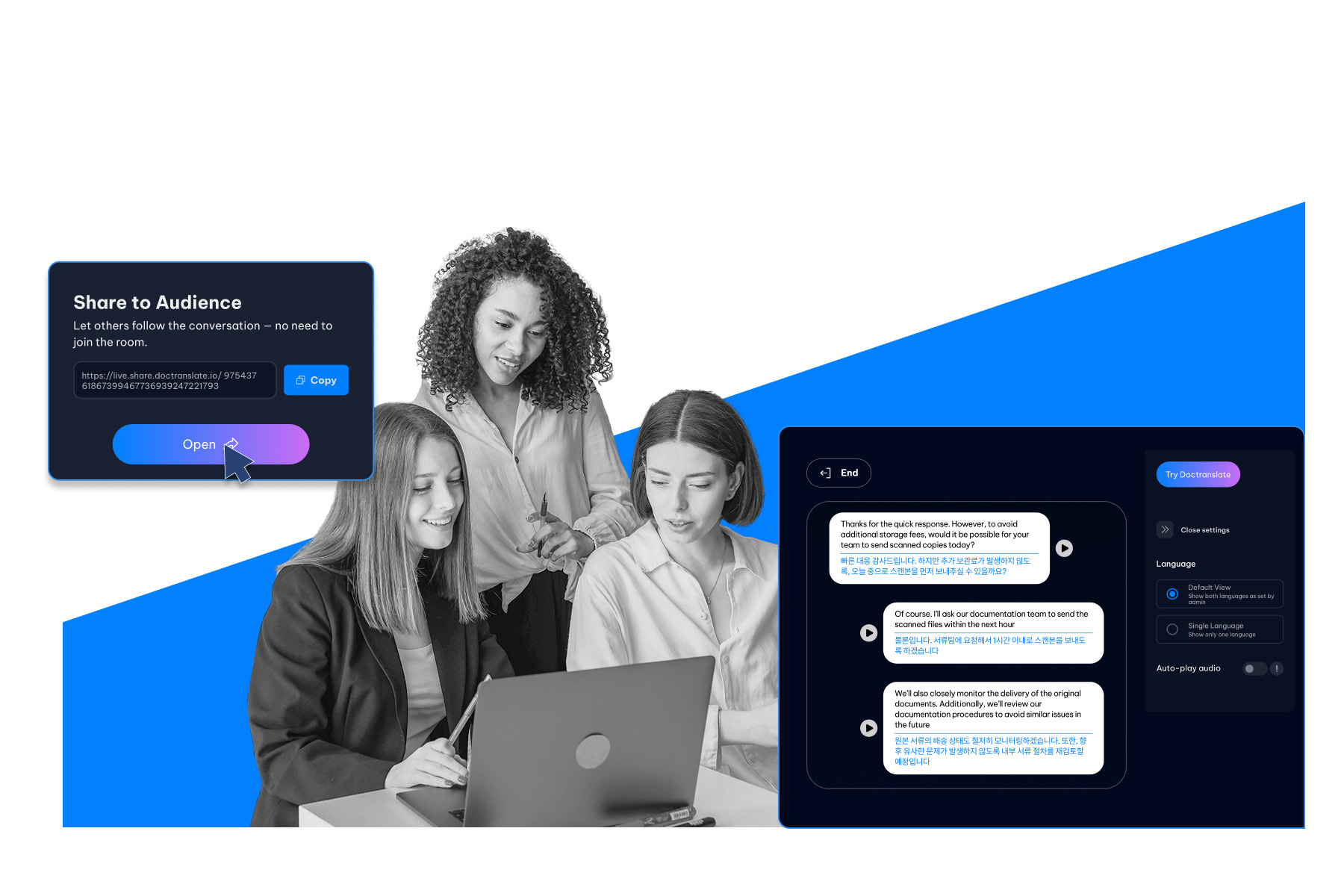 Share to Audience - Live translation interface showing viewer language selection